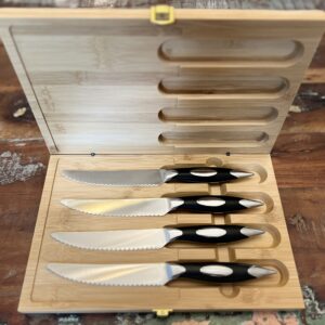 4PC G10 Black Serrated Steak Knives/Dining Knives in Magnetic Bamboo Latched Box