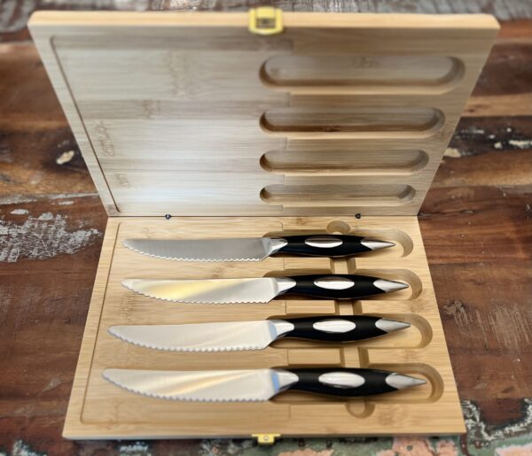 4PC G10 Black Serrated Steak Knives/Dining Knives in Magnetic Bamboo Latched Box