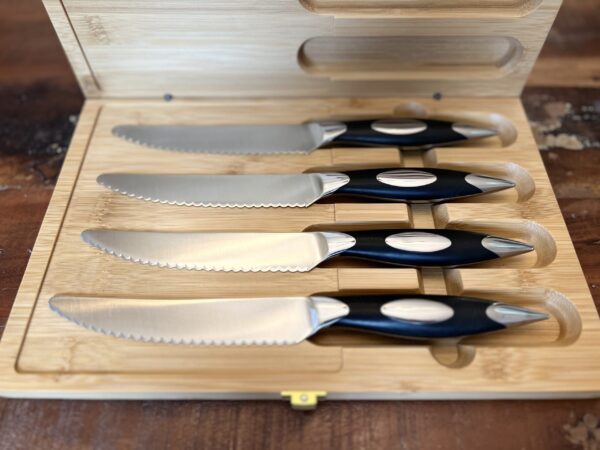 4PC G10 Black Serrated Steak Knives/Dining Knives in Magnetic Bamboo Latched Box - Image 5