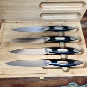 4PC G10 Black Straight Blade Steak/Dining Knives in Magnetic Bamboo Latched Case