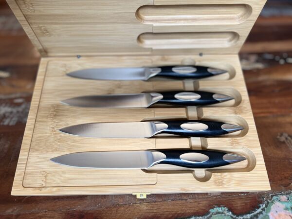 4PC G10 Black Straight Blade Steak/Dining Knives in Magnetic Bamboo Latched Case