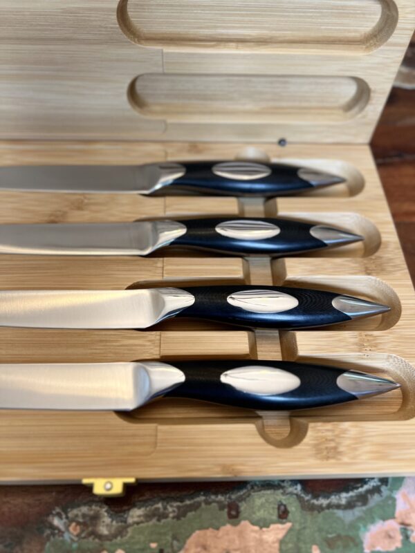 4PC G10 Black Straight Blade Steak/Dining Knives in Magnetic Bamboo Latched Case - Image 3
