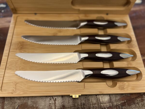4PC G10 Brown Serrated Steak Knives/Dining Knives in Magnetic Bamboo Latched Box