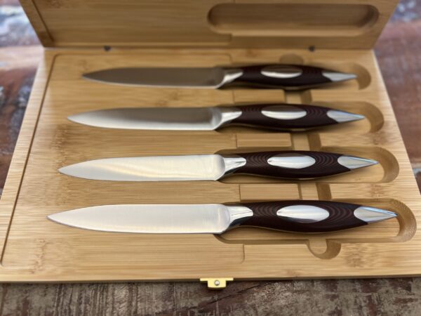 4PC G10 Brown Straight Blade Steak/Dining Knives in Magnetic Bamboo Latched Case